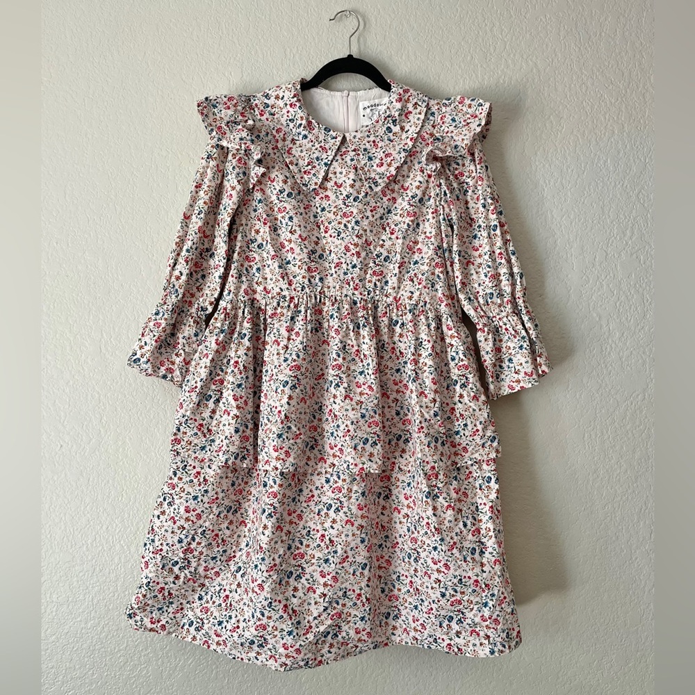 Floral Ruffle Collar Women’s Dress - Cream with Pink & Blue Floral
